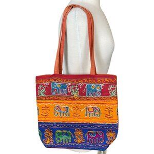 Handcrafted Colorful Embroidered Elephant Boho Shoulder Bag Cotton Vintage